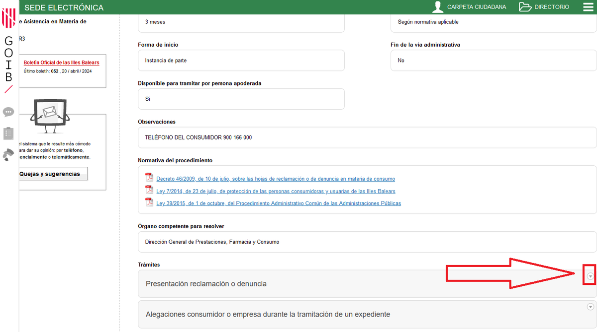#UXfail: This Spanish (Balearic Islands region) government website, where the button to start submitting an online consumer complaint form is this tiny grey arrow, lost in a full page of background explanation about the legal basis of the service.