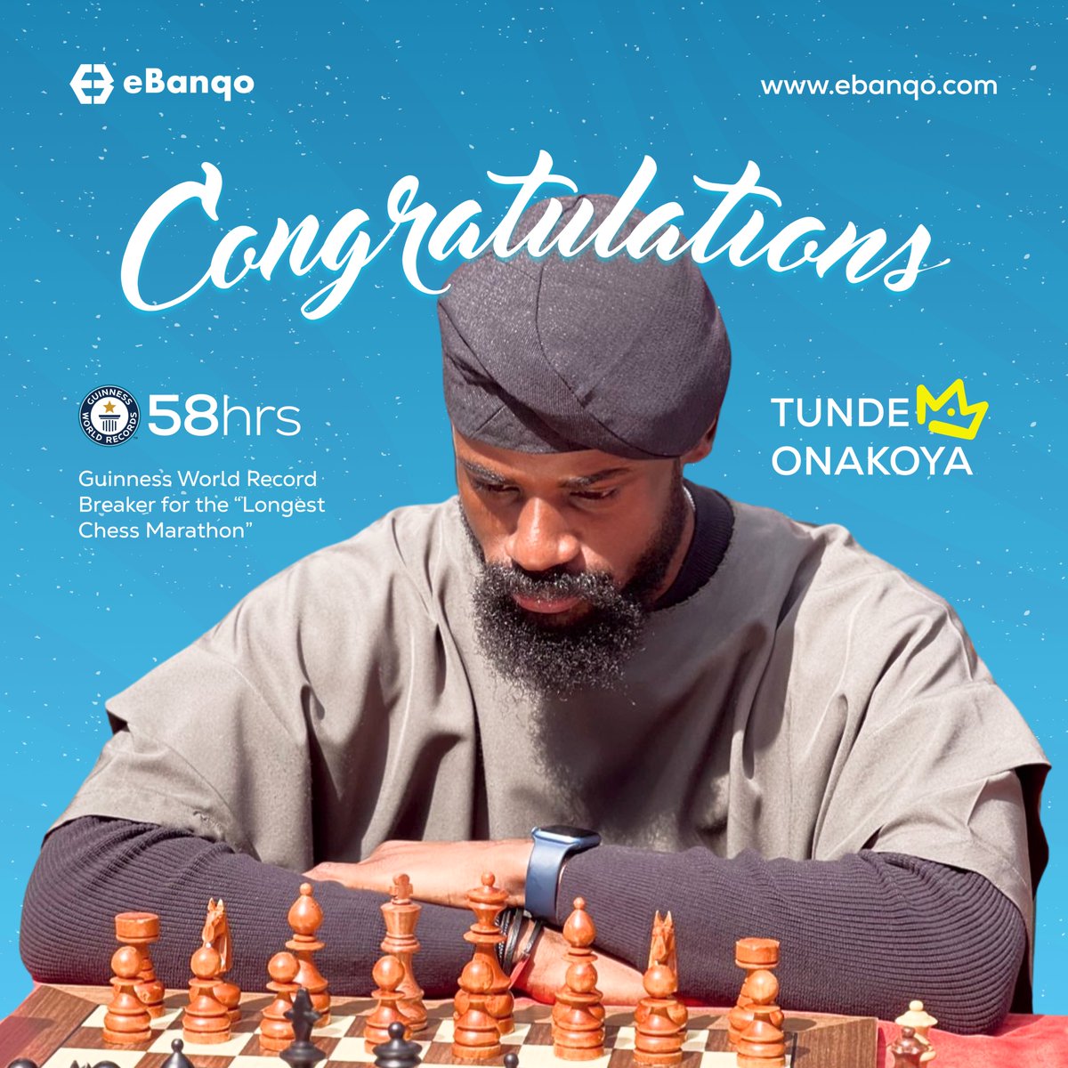 ebanqoinc's tweet photo. Checkmate, World Record!♟️
Congratulations @Tunde_OD for breaking the Guinness World Record for longest chess marathon by a whopping 58 hours! 🇳🇬✨

#tundeonakoya 
#tundeonakoya♟️ 
#guinessworldrecords 
#recordbreaker https://t.co/sU5qYCSPEk
