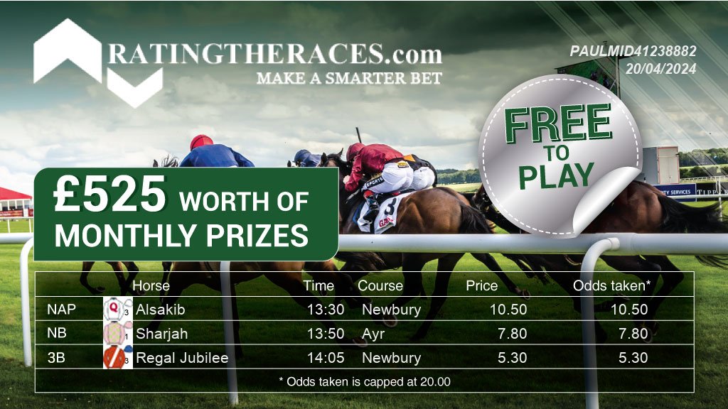 My #RTRNaps are: Alsakib @ 13:30 Sharjah @ 13:50 Regal Jubilee @ 14:05 Sponsored by @RatingTheRaces - Enter for FREE here: bit.ly/NapCompFreeEnt…