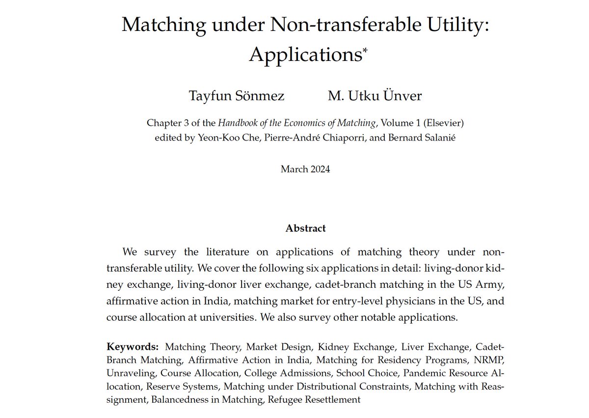 Utku Ünver (@muunver) and I are very happy to circulate two surveys, the most comprehensive ones we have ever written, prepared for the Handbook of Economics of Matching. Here is the second one focusing on applications of matching. papers.ssrn.com/sol3/papers.cf…