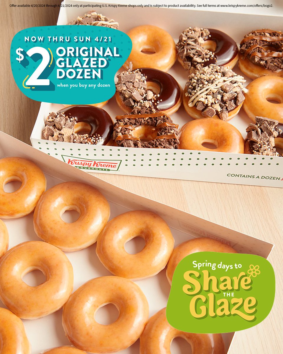 Celebrate the weekend and share the glaze! 🍩 Buy any dozen and get an Original Glazed® Dozen for just $2, now thru 4/21!