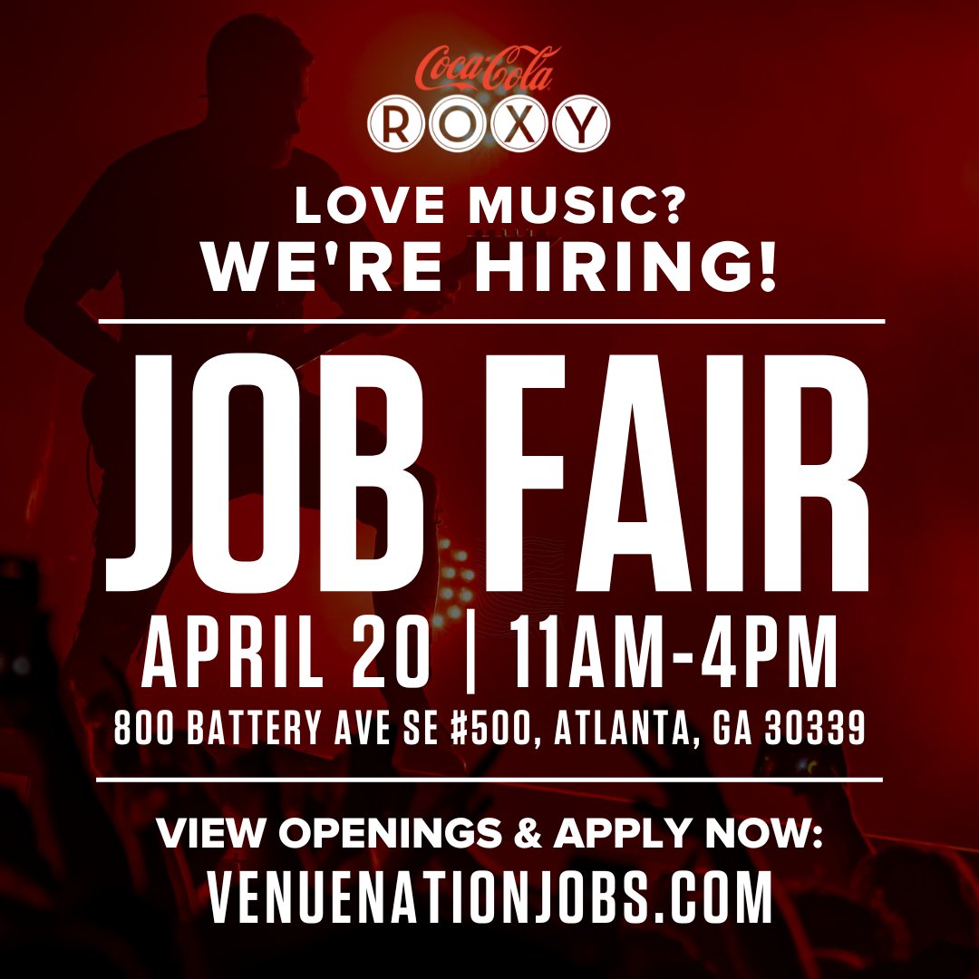 TODAY‼️ We are hosting a job fair from 11AM-4PM for open positions at #CocaColaRoxy! If you love live music and want to learn how to get involved, come on by! See you here! 🤘 🎶 🎸 📥 Can't make it to the job fair? Submit your application online: bit.ly/3xdWTxO