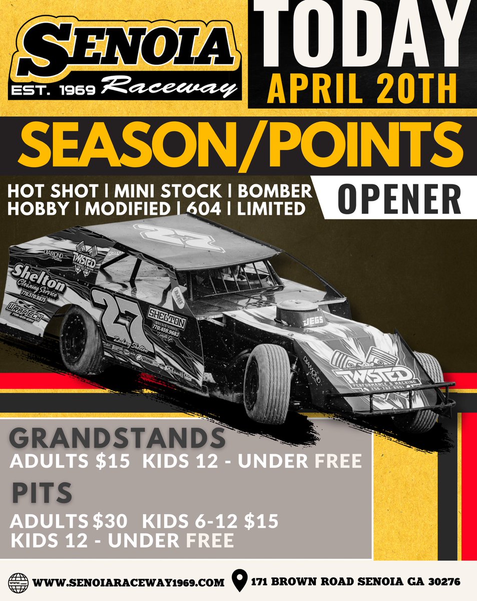 TODAY, April 20th at Senoia Raceway - Season Opener/Points Opener! Classes: Hot Shot, Mini Stock, Bomber, Hobby, Modified, 604, Limited Grandstand Pricing: $15, Kids 12 and under FREE Pit Pricing: $30, Kids 6-12 $15, 5 and under FREE