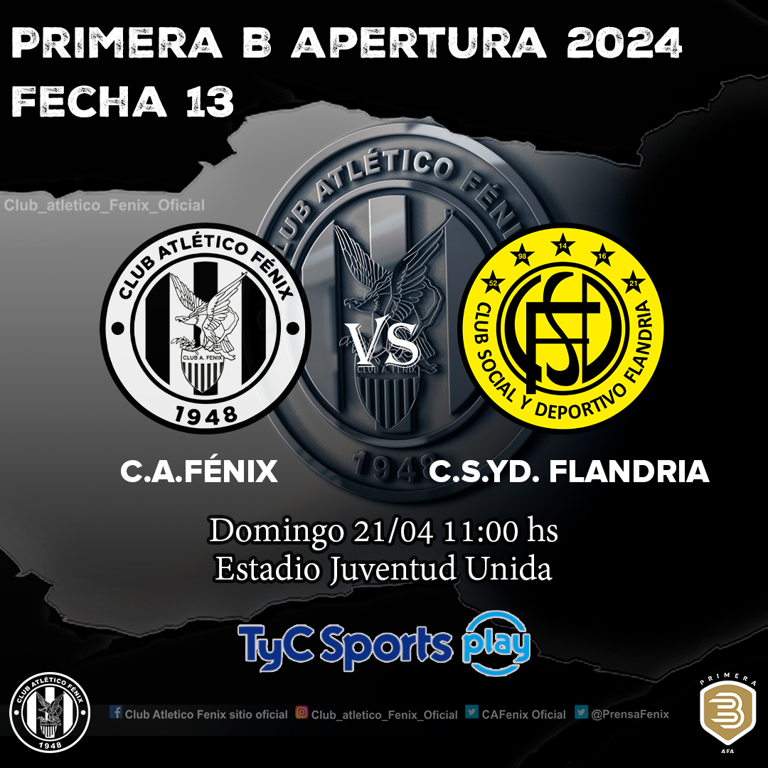 PrensaFenix's tweet photo. Apertura 2024
Fecha 13

⚽  Vs Flandria
📅  Domingo 21/04
🕣  11:00hs
🏟  Estadio de Juventud Unida
👨‍⚖️Mariano Negrete

#VamosFénix🦅 https://t.co/Jhu4V9MjEP