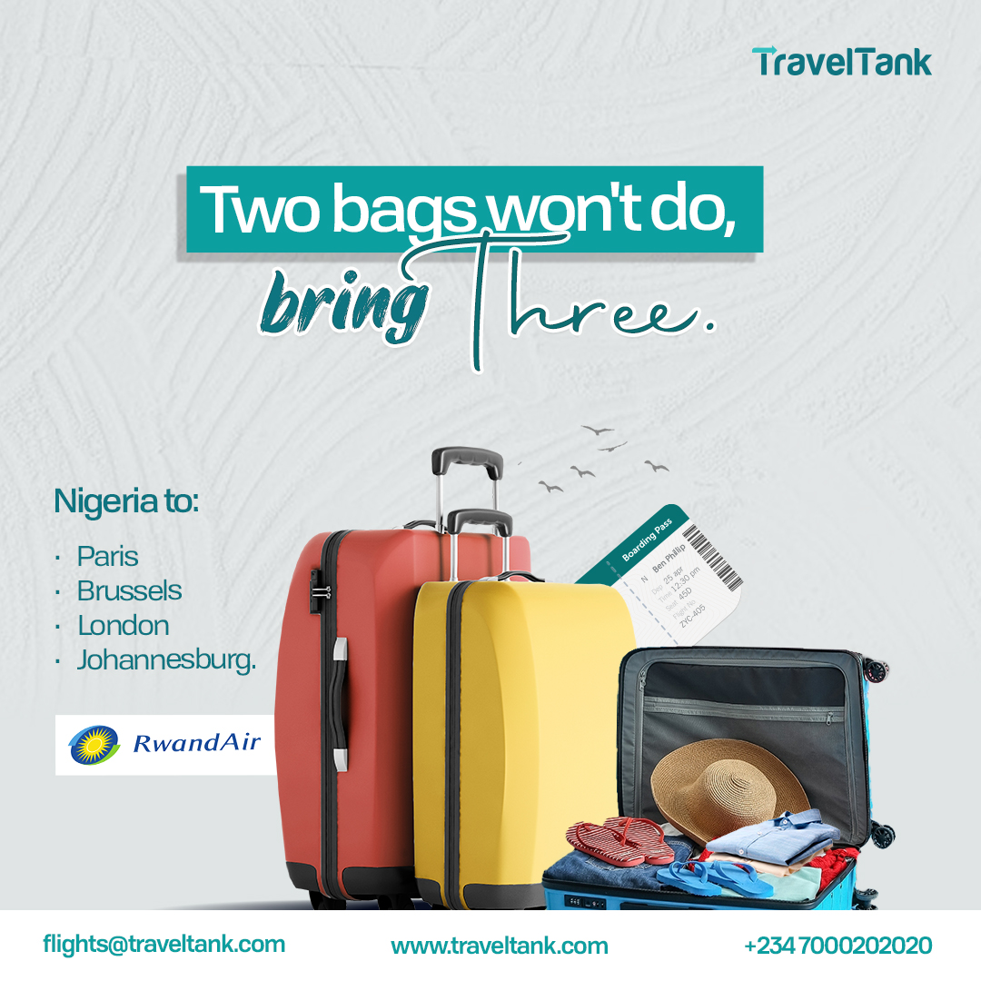 Fly with RwandAir and enjoy the luxury of an extra baggage allowance, making your travel experience even more convenient. 

Call 07000202020 or email info@traveltank.com

#traveltank #rwandair #affordableflights