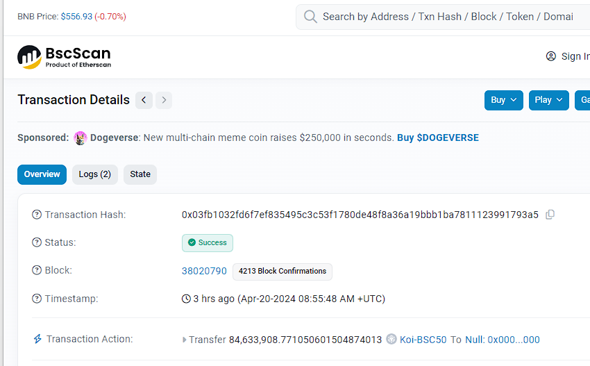 KOI_BSC50's tweet photo. 📢Notification: We have burned another 84 M $KOI tokens, bringing the total burned to 700 M so far. View transaction details: https://t.co/r8YtDSzVpv📷 #KOIBSC50 #BNBChain #BSC50 https://t.co/8WDGqKHiOg