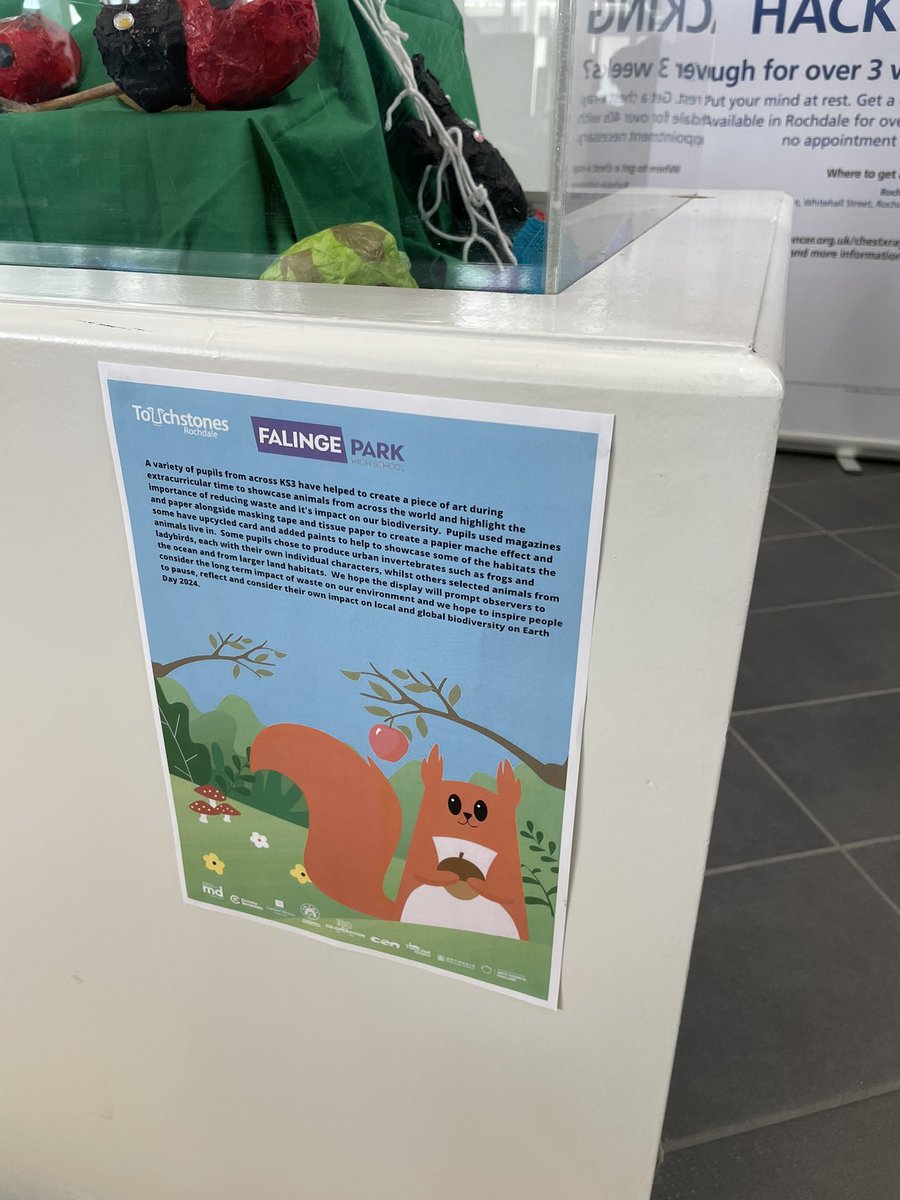 FPHSScience's tweet photo. If you’re free before 3pm today why not pop down to @RochdaleLibrary OneRiverside to check out the #EarthDay2024 activities on offer- we also have some awesome animals that our students have created in their own time from up-cycled materials 👍👍 https://t.co/Szj5eenDeo