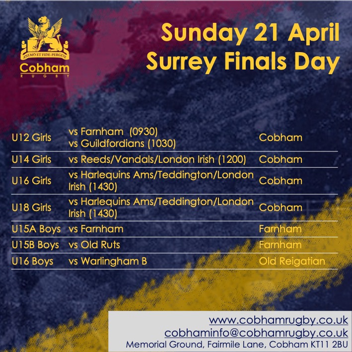Big weekend for Cobham teams on tour, and in the Surrey Cup Final games. Would you enjoy this? If this is the type of weekend you would enjoy - email us to enquire about joining Cobham - boys, girls, minis, youth, seniors and vets. Email: cobhaminfo@cobhamrugby.co.uk