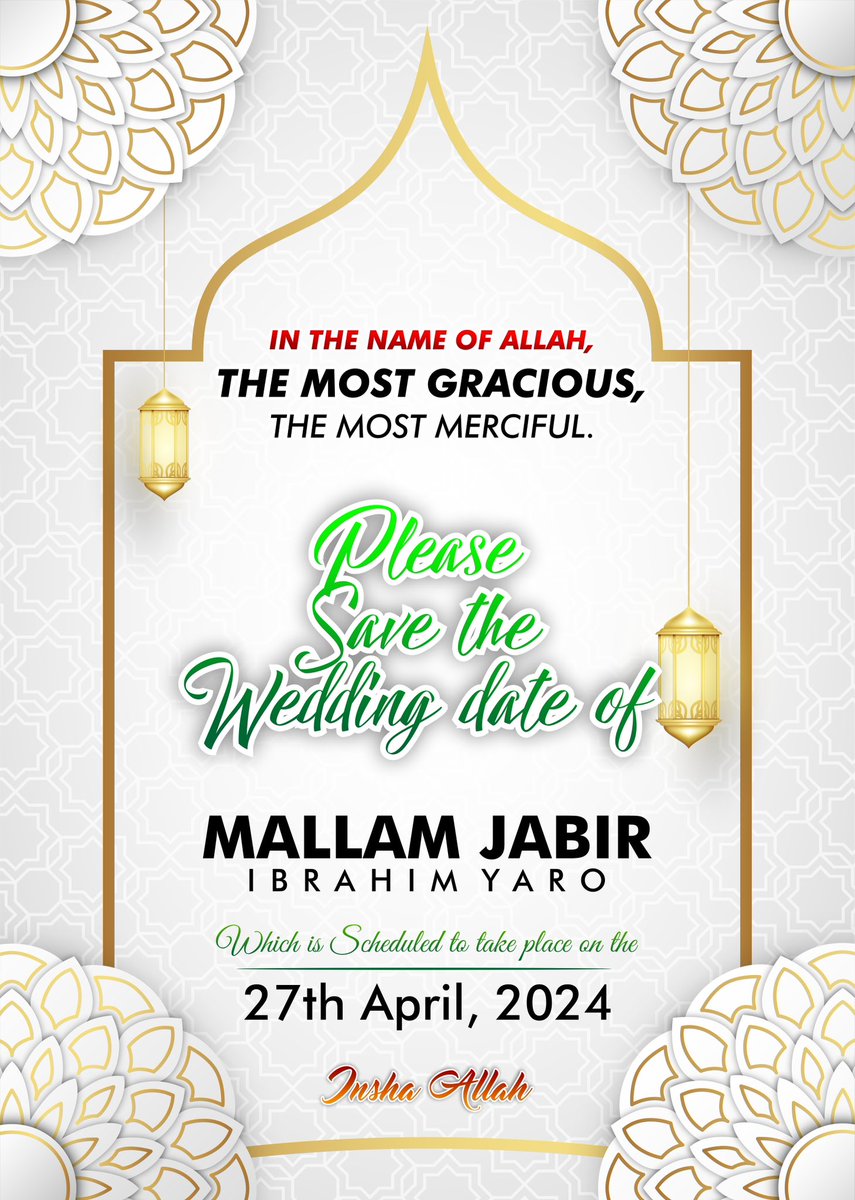 In the name of Allah, the most gracious, merciful and powerful. Gentlemen and ladies, I’m using this golden opportunity to humbly notify and invite you to my wedding which will In Shaa Allah take place on the 27th of this month. Your prayers and well wishes will be highly