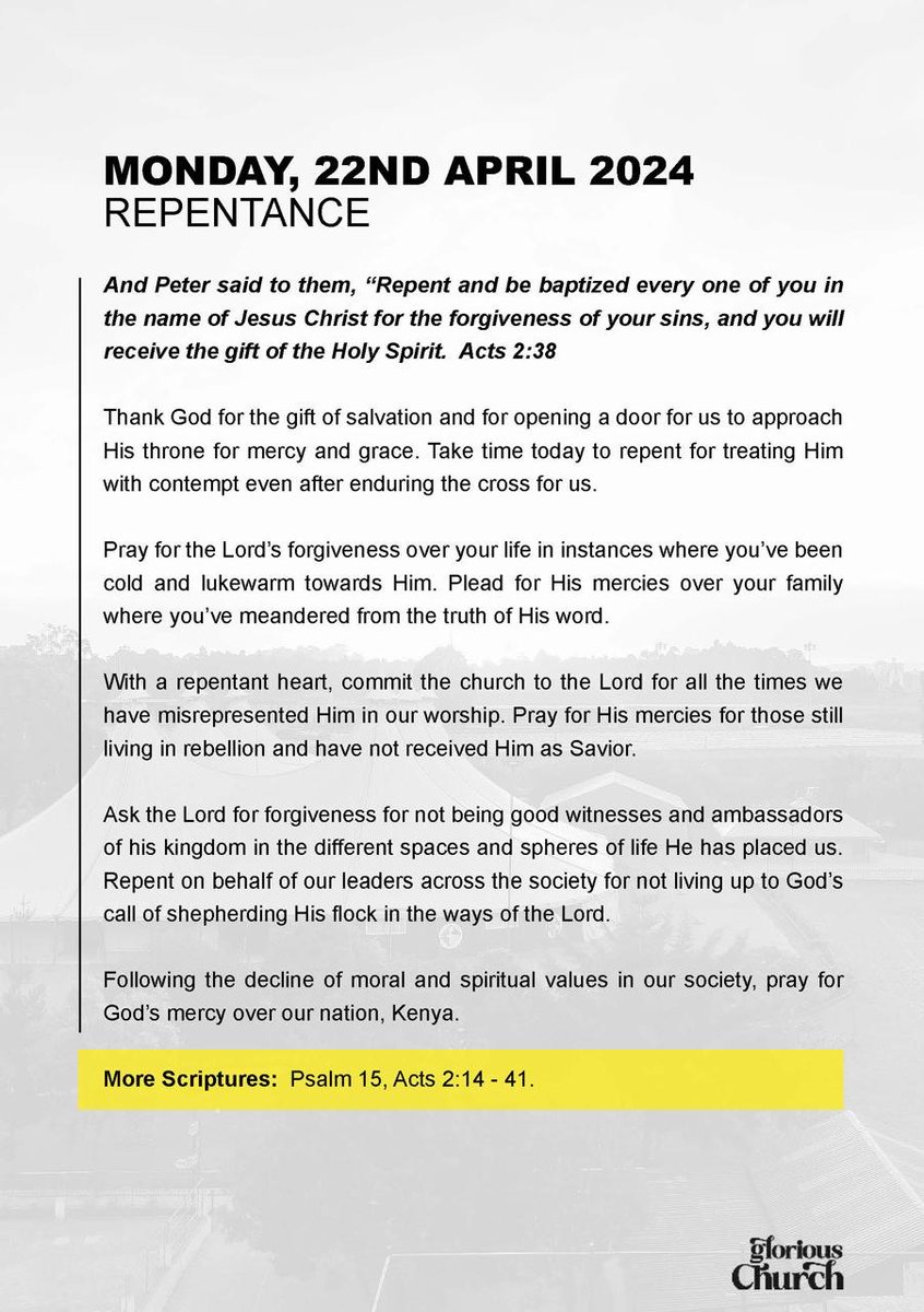 NairobiChapel's tweet photo. Prayer & Fasting Wk
Day 1
REPENTANCE
Bible Ref: Acts 2:38
Glorious Church;
Today, Pray for the Lord’s forgiveness and plead for His mercies over your family where you’ve meandered from the truth of His word.
#iPRAY #ItsTime #Touch #CompassMeetsClock https://t.co/PXf2RRJxFE