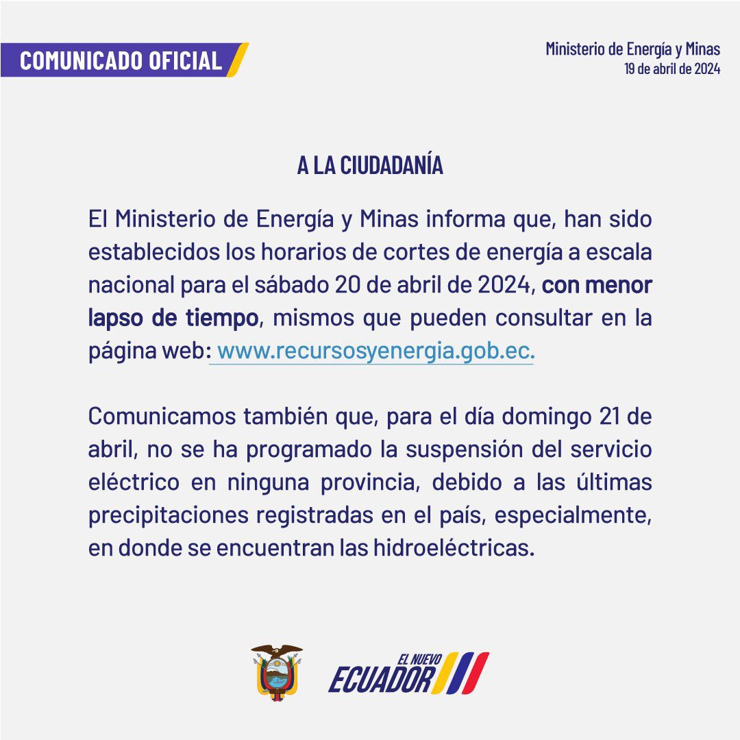 @DanielNoboaOk decreta un nuevo estado de excepción en Ecuador de 60 días por la grave crisis energética.
El país tiene apagones de hasta ocho horas de duración al no poder atender la demanda nacional de electricidad. Sumado a la escasez de alimentos. #EcuadorBajoElFascismo