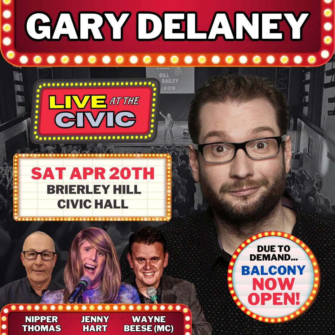 TONIGHT! LAST CALL! Don't miss this brilliant line-up for our latest Live At The Civic at @BHillCivic ! One-liner king @GaryDelaney headlines with top support from Nipper Thomas and @jennybsides , with your regular MC @WaynoBeese as host. Book at funnybeeseness.co.uk