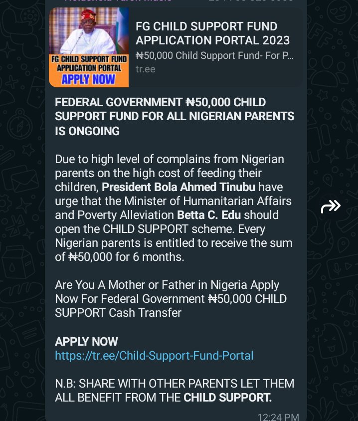 'FEDERAL GOVERNMENT N50,000 CHILD SUPPORT FUND FOR ALL NIGERIAN PARENTS IS ONGOING'

Recently, I've seen people aggressively share this broadcast about FG Child Support (N50,000) Fund for parents for six months. 
Screenshot attached below 👇

#Securityawareness thread