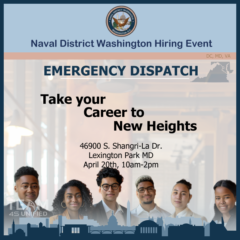 Sat, Apr 20th, 2024 / 10am-2pm / 46900 S. Shangri-La Dr. Lexington MD / #FederalEmployment #NavyJobs #FrontDesk #JobsNow