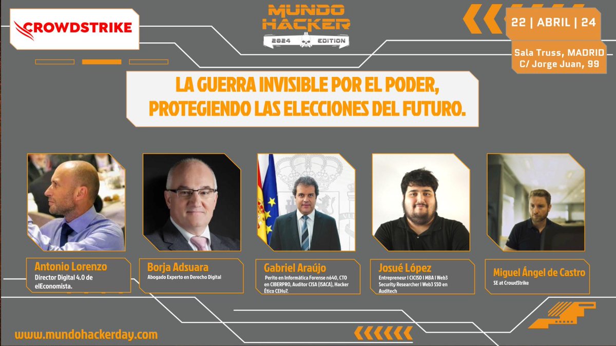GabrielAraujoES's tweet photo. 🔴 Este lunes 22 estaremos en el mayor evento de ciberseguridad en España #MundoHackerDay 2024
Inscripciones en https://t.co/KGp5PVMncE para seguirlo online o presencial. ¡ES GRATIS!
Hablaremos  de seguridad electoral al filo de las 13h en la mesa "LA GUERRA  INVISIBLE POR EL PODER, PROTEGIENDO LAS ELECCIONES DEL FUTURO".
Consulta la agenda para las demás charlas que son interesantísimas.
#ciberseguridad #hacking #hackeo #ciberataque #malware #pentesting #perito #forense #peritoinformatico #ciberespionaje #spyware #phishing #ciberbullying #sexting #ransomware