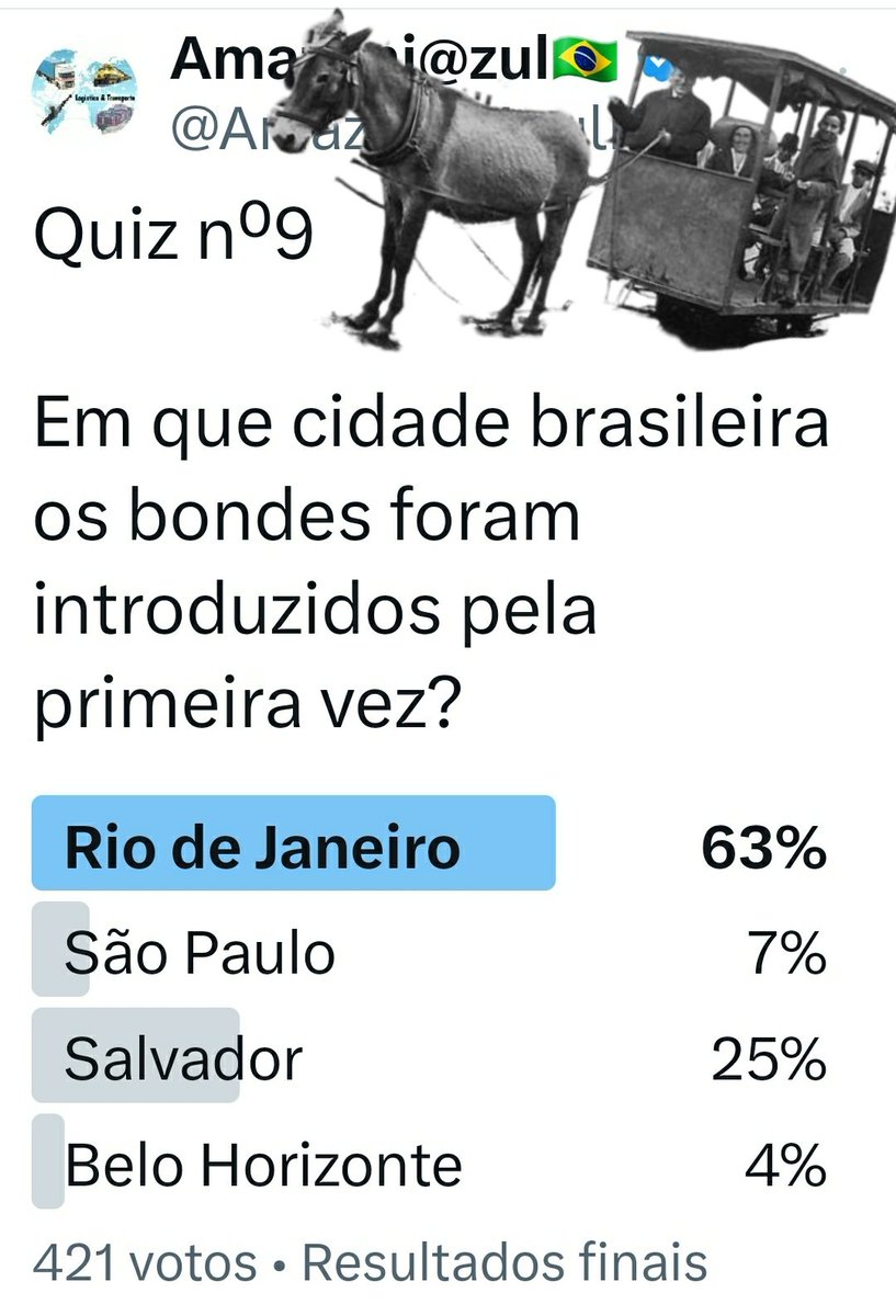 Resposta Quiz n⁰9 Os bondes foram introduzidos pela primeira vez no Brasil na cidade do Rio de Janeiro, em 1859. Eles inicialmente eram puxados por animais.