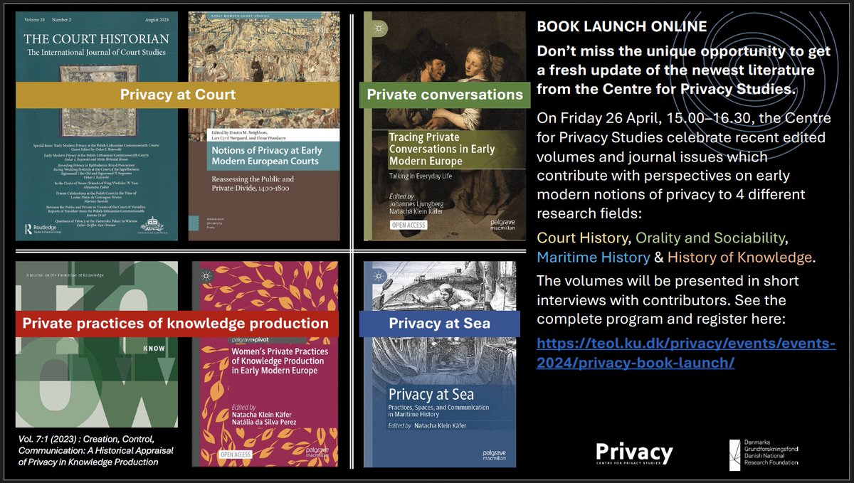 Digital book launch on Friday 26 April 15.00–16.30 <a href="/privacy_ku/">Centre For Privacy Studies</a> led by <a href="/BirkedalMette/">Mette Birkedal Bruun</a> funded by <a href="/GrundforskFond/">Danmarks Grundforskningsfond</a> 
Unique opportunity to learn from authors across our recent contributions to 4 different research fields.
Register and see the program via the link in the collage:
