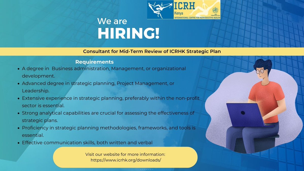 This is a Re-advertisement!!!!!!! 

We are hiring!!!

We seek a qualified individual to join the ICRH-K team. The role will involve reviewing our Strategic Plan.

If you are passionate and meet the requirements, please don't hesitate to apply. 

#JobOpening
#Hiring
#NowHiring