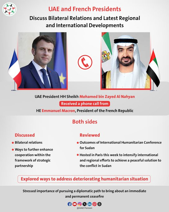 #UAE 🇦🇪 and French 🇫🇷Presidents discuss regional issues and humanitarian efforts, emphasizing diplomacy and dialogue for peace. #DiplomaticDialogue #Peacebuilding #HumanitarianEfforts #SudanCrisis #MiddleEast #GlobalStability #Dubai #France #Sudan