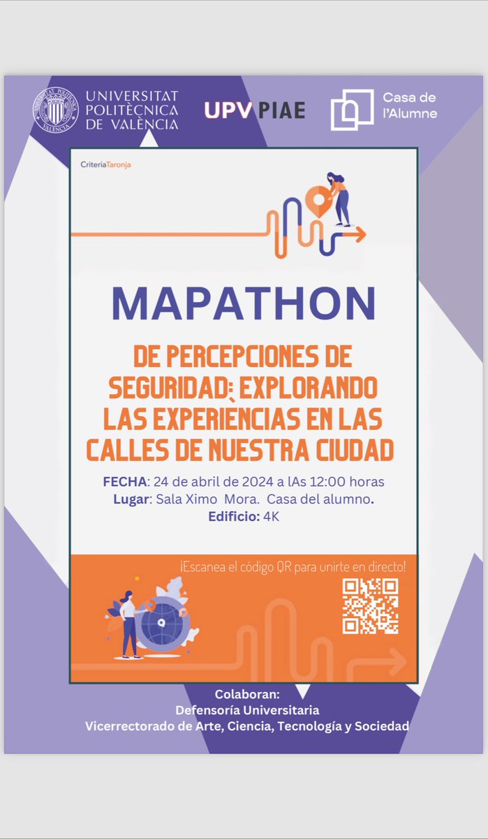 criteriataronja's tweet photo. 📅 24 de abril a las 12 h en la casa del alumno de la Universitat Politècnica de València (UPV) se celebrará un 🗺️mapathon para la prevención de la violencia callejera
#violenciacallejera #mapaton
Más info 👇👇
https://t.co/9cAEvJjnw0 https://t.co/bKoqieLLUB