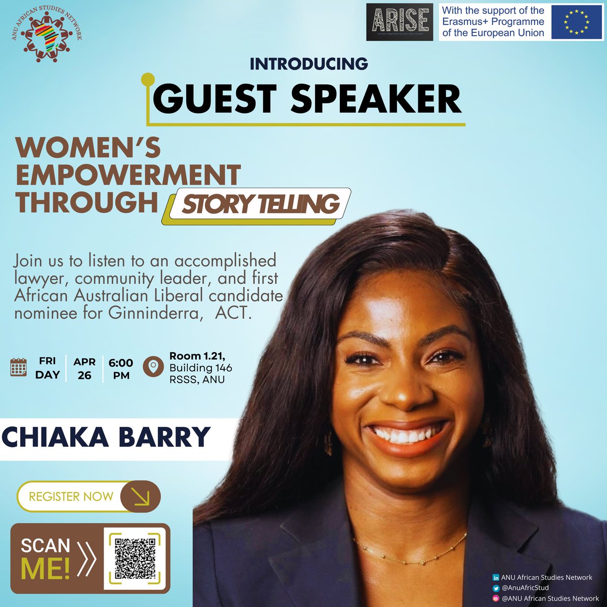Join us next week on Friday, April 26, to listen to the stories of amazing African women and women of African descent of living and working in Australia. First on the list is #ChiakaBarry. More about her:🔗 linkedin.com/in/chiaka-barr… #ANU #Africa #Women