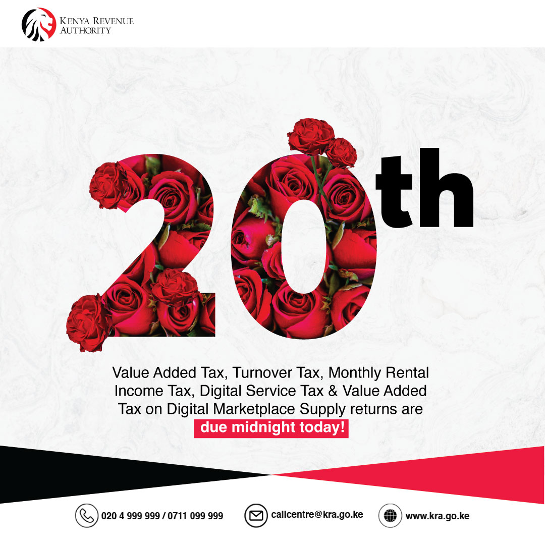 Don’t forget to file and pay your Value Added Tax, Turnover Tax, Monthly Rental Income Tax, Digital Service Tax, and Value Added Tax on Digital Marketplace Supply by midnight today. Get started via iTax; itax.kra.go.ke/KRA-Portal/ #ComplianceReminder