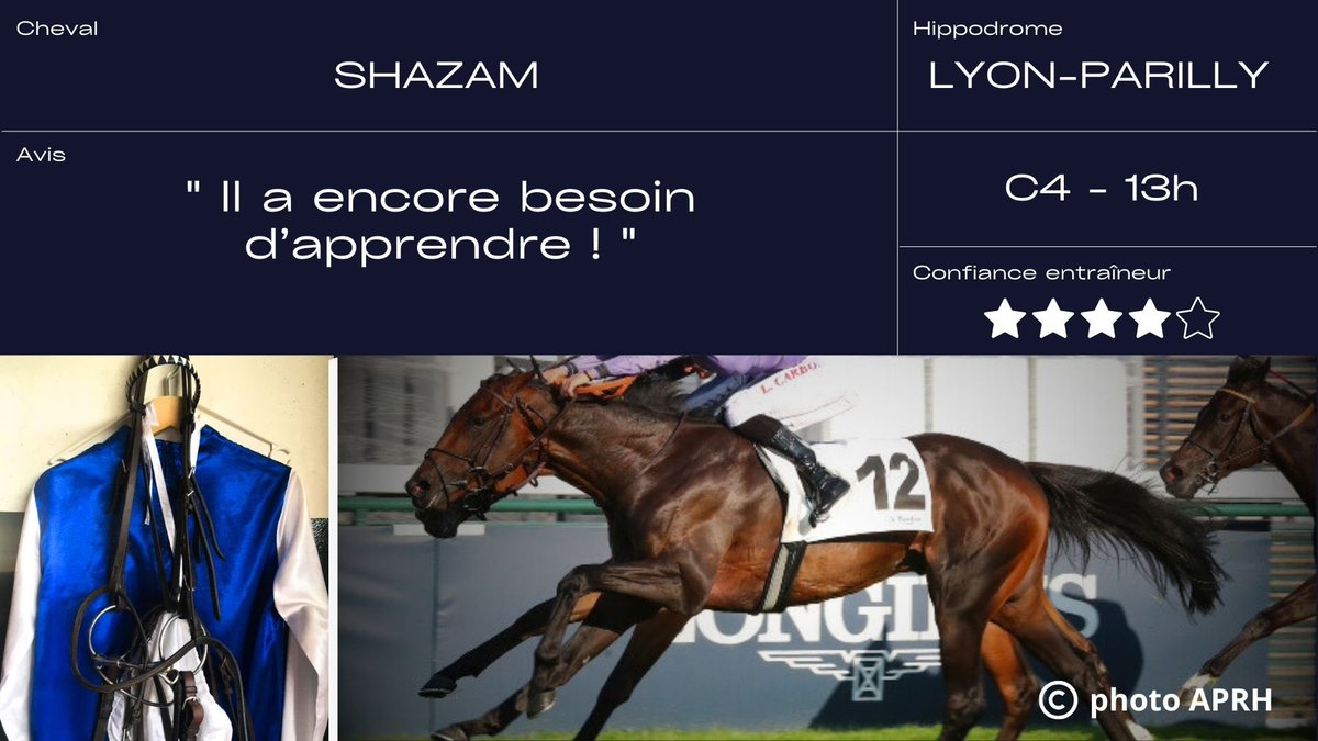 #Lyon #Parilly 2️⃣ partants ⭕️ Prix du Mont Pilat 🐴 JOLICOEUR 🧑🏽‍✈️ A. Zuliani ⭕️ Prix Henri Audras 🐴 SHAZAM 🧑🏽‍✈️ G. Richard