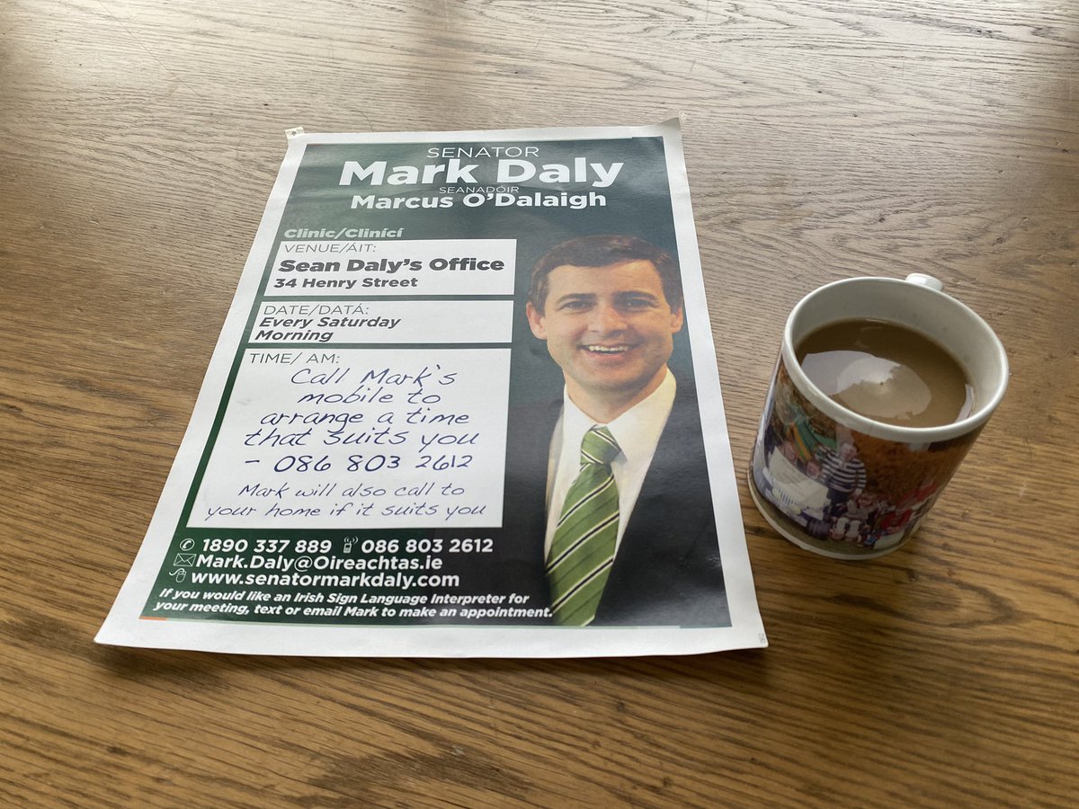 Hot Coffee (or tea) @ ADVICE CLINICS ON SATURDAY @ 34 Henry, Kenmare If I can be of assistance with any issues, please do not hesitate to contact me to arrange a time that suits you 📲 0868032612 📩 mark.daly@oireachtas.ie