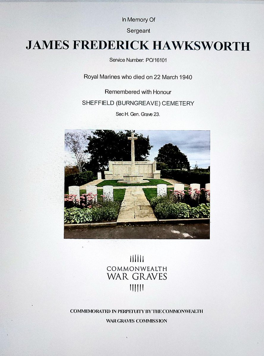 Please join us 11:00 a.m. Sunday April 21 2024, Burngreave Cemetery Sheffield, graveside, Royal Marine Sgt James F Hawksworth where we will take a moment to remember him, in particular his service at the Battle of Zeebrugge (23rd April 1918) #LestWeForget @CWGC @Sheffield_SCC