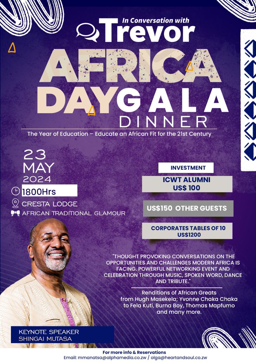 This is a dinner not to be missed. Join @TrevorNcube with #MutasaShingi on this Africa day Gala.