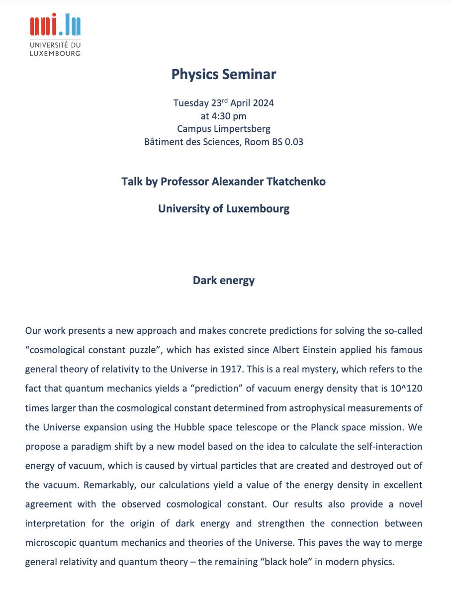 Alexander will give a talk titled 'Dark Energy' next Tuesday, April 23rd, at 4:30 pm CET. Everybody is welcome to join online through the following link: bit.ly/3w8A6TJ original paper: doi.org/10.1103/PhysRe…