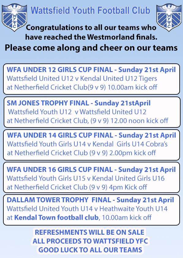 Good luck to all our teams who are playing in the finals tomorrow. Please come along to cheer them on ⚽️🙋🏼‍♂️🙋🏽‍♀️🙋🏼🙋🏾‍♂️   <a href="/WestmorlandFA/">Westmorland FA</a>  <a href="/kendaltownfc/">Kendal Town FC</a> <a href="/NetherfieldCC/">Netherfield Cricket Club</a> <a href="/KUJFC/">Kendal United</a>