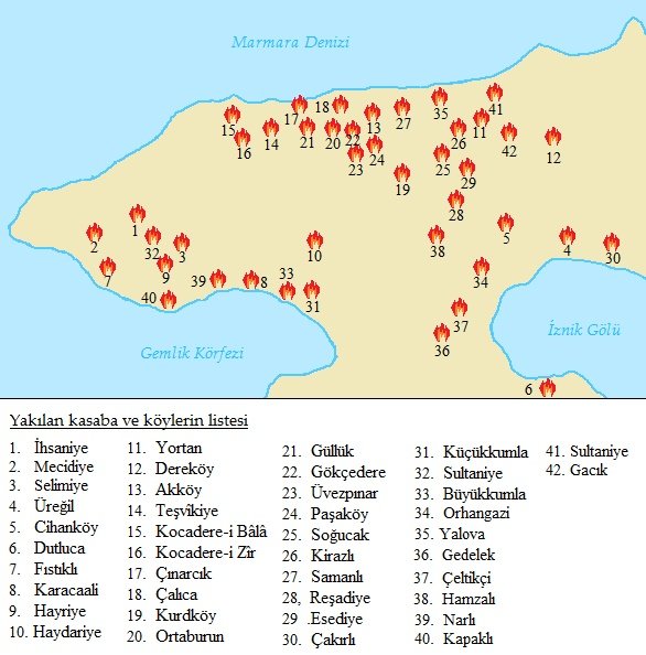 Yunan askerleri, yerli Rumlar ve Ermeniler tarafından, Türk ve Müslüman halka yönelik gerçekleştirilen Yalova Katliamı'nda yakılan köyleri gösteren harita, 1921. Türk ve Müslüman 9100 sivil katledildi, yüzlerce insan yaralandı ve binlercesi yurtsuz kaldı.