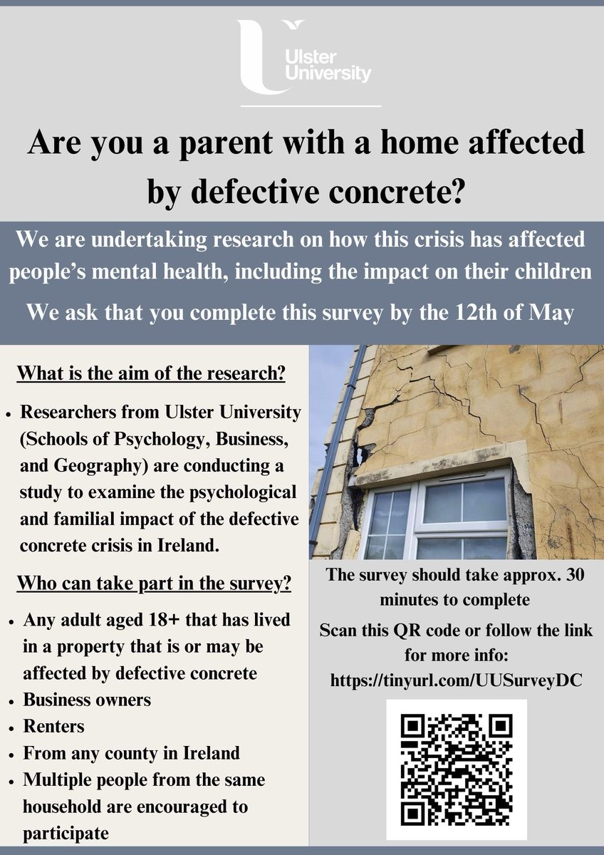 Attention ‼️: Defective Concrete homeowners ‼️ Children’s voices regarding their experiences growing up through the Defective concrete crisis need to be heard. To their Parents - can you be their voice & complete this online survey.Deadline 12th May @MicaRedress @micaactiongroup