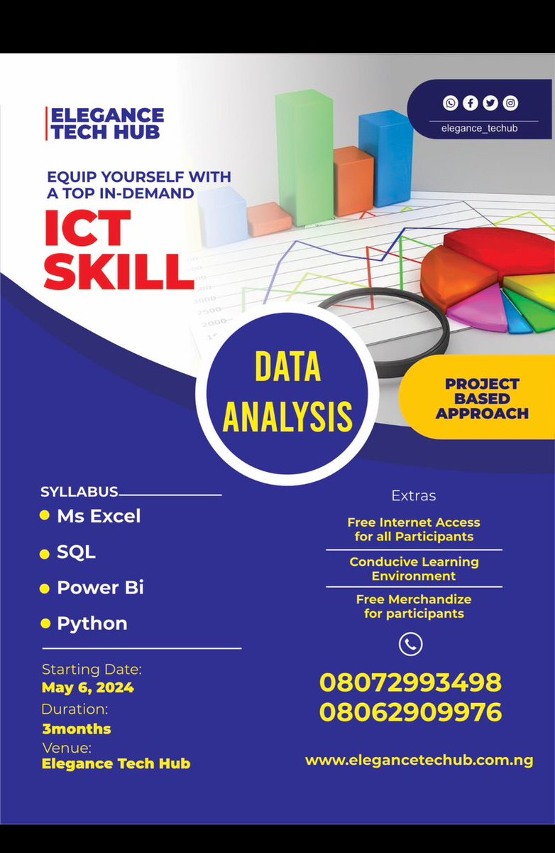 SirBosun's tweet photo. Secure your place with Elegance Tech Hub Òsogbo (@Elegance_techub) and embark on a journey towards mastering the latest technological advancements in:
> Data Analysis
> Web Design with WordPress
> Front-End Web Development
+ FREE &amp; UNLIMITED Internet Access

More details on flyer https://t.co/Ny9gx9e2Qm
