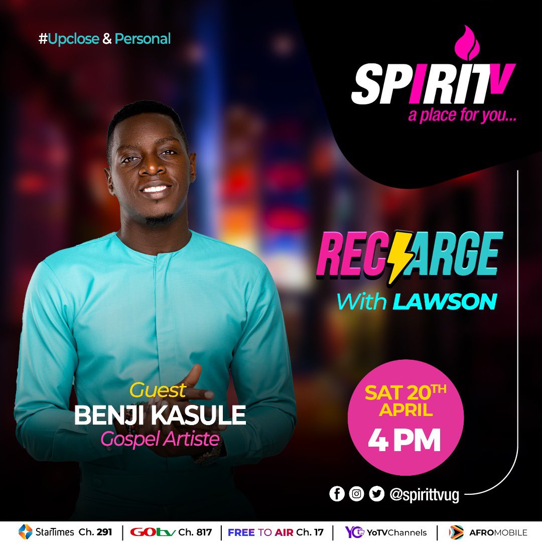 Have you ever hard of the word Talented☺️yes it’s means @BenjiKasule and today we have the man himself in studios with @lawsonstyled. Tune in at exactly 4pm and enjoy your biggest weekend show #Recharge. #SpiritTV | #APlaceForYou