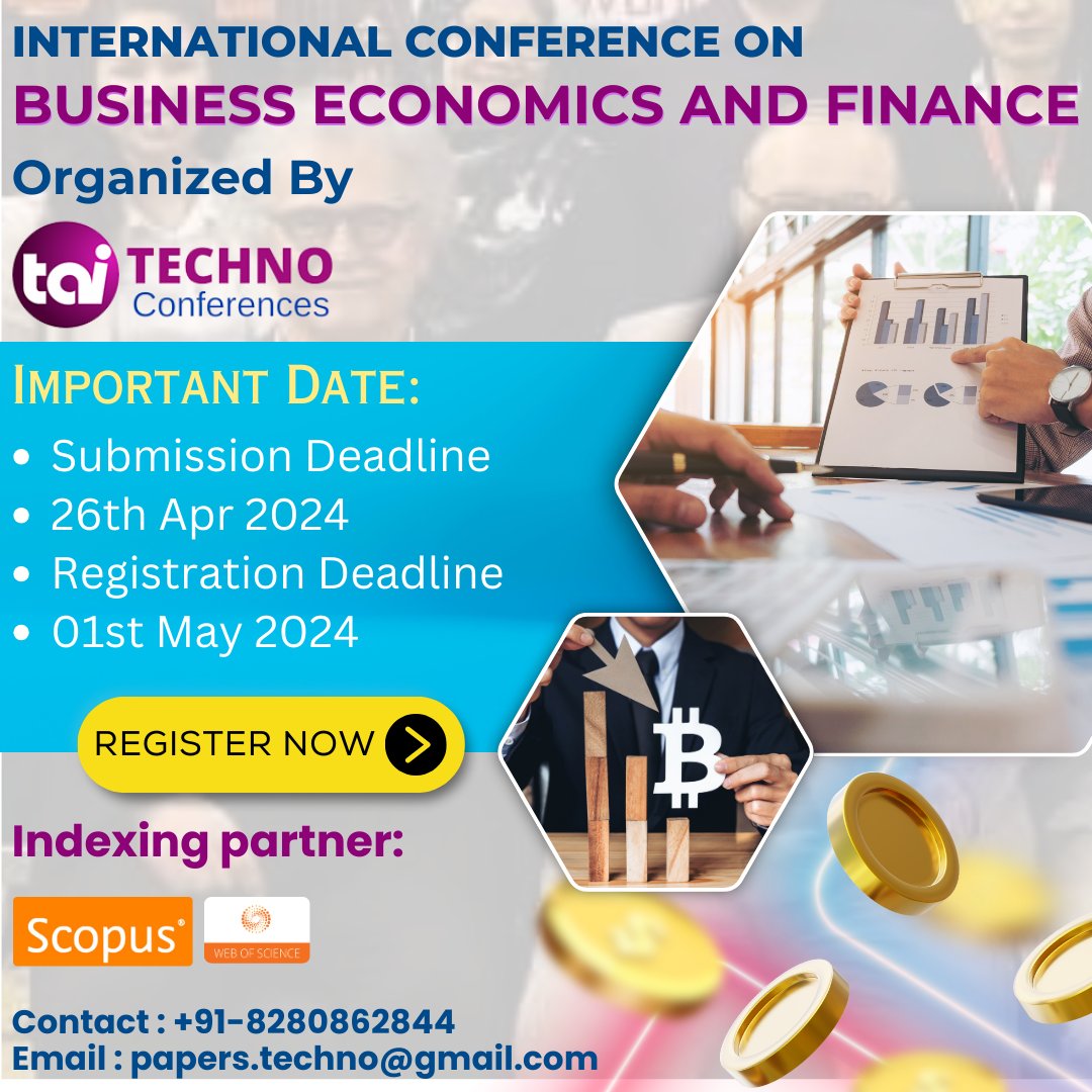 techno_conf's tweet image. Welcome to the International Conference on Business Economics and Finance(ICBEF)
Date: 11th May 2024
Venue: Mumbai, India
For more details, visit: technoconferences.com/Conference/129…
Mail: papers.techno@gmail.com
#technoconference #mumbai #conference2024 #business #economics #finance