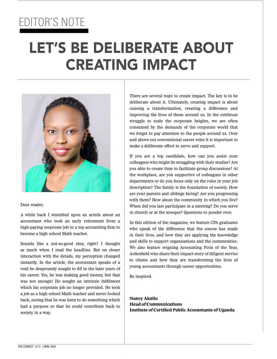 Announcement @ICPAU1 students 📣📣😊 The #CPAConnect12 magazine is out 🥳. Here's the editor's note for an insight into the edition. Download your copy here icpau.co.ug