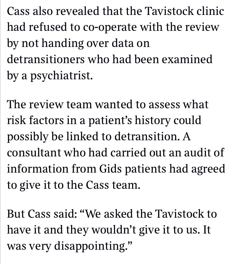 Read todays piece in The Times if you can. 

This revelation, the Tavistock refused to hand over information they had put together on detransitioners, is utterly disgraceful.

Post this every time the 1% regret rate comes up. 

They know, they hide it.
It’s criminal. #CassReview