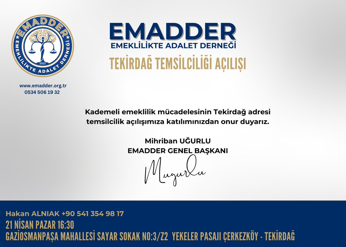 Değerli Belediye Başkanlarımız; Emeklilikte Adalet Derneği Bir yıl önce kurulmuş, Türkiye'nin tüm illerinde yapılanmış emeklilik yaşında adil bir geçişin sağlanması için faaliyet gösteren bir sivil toplum kuruluşudur. 21 Nisan 2024 Pazar günü milletvekillerinin ve sosyal