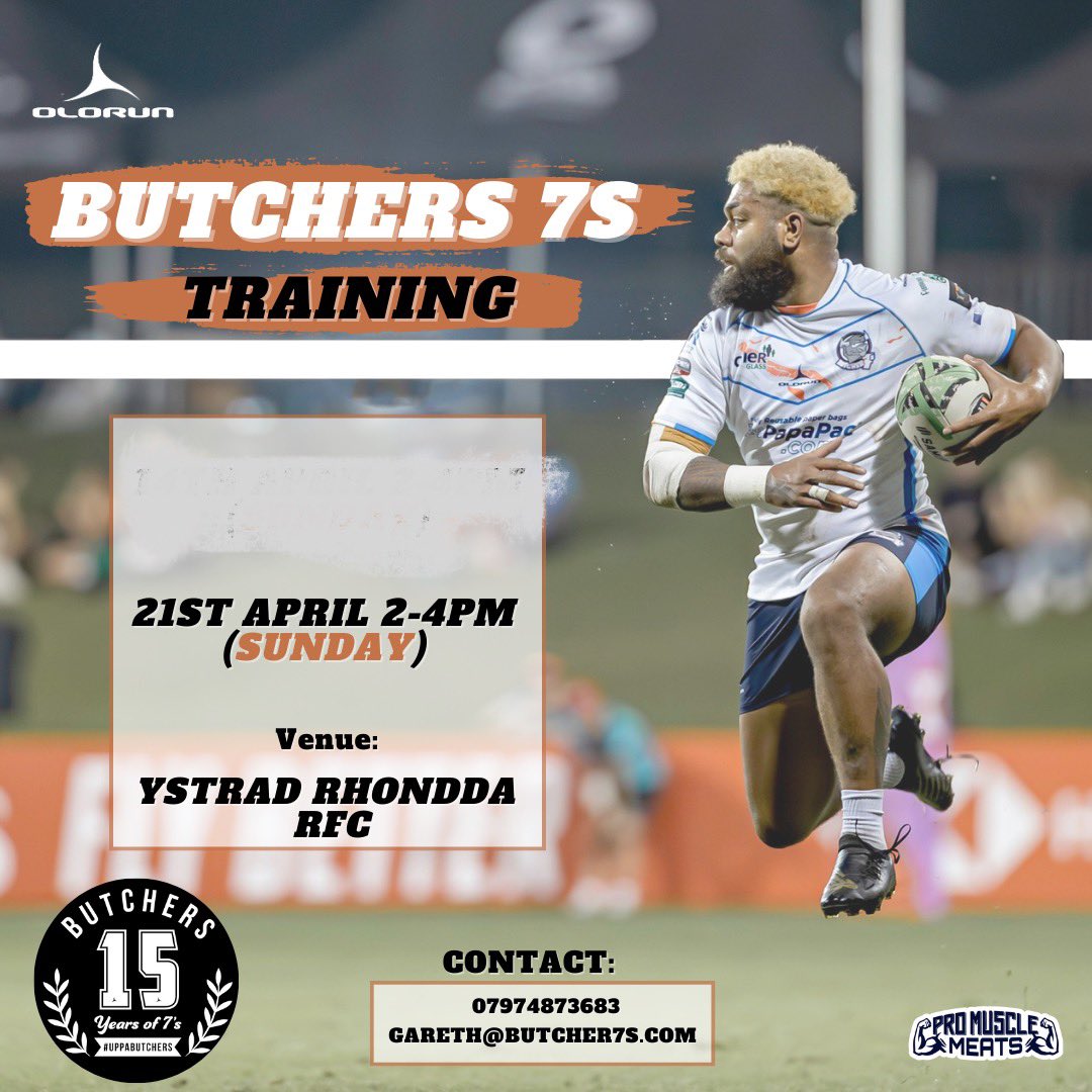 Tomorrow (Sunday 21st) Second Open Training Session, come along and train with the Butcher’s 🏉 Open to over 18’s Venue @YstradRFC 1:45pm for 2pm start #rugby #7srugby #rugbyunion