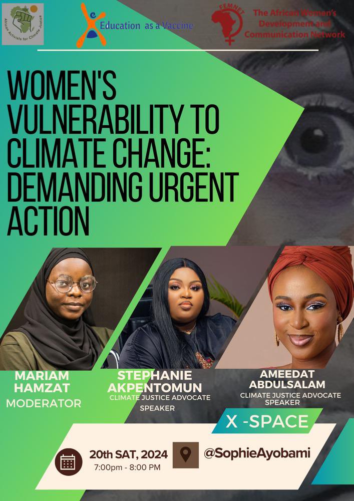 Join us today at 7pm for an enlightening and engaging conversation on @SophieAyobami’s space as we discuss women’s vulnerability to climate change and the way forward! #AACJFSMA