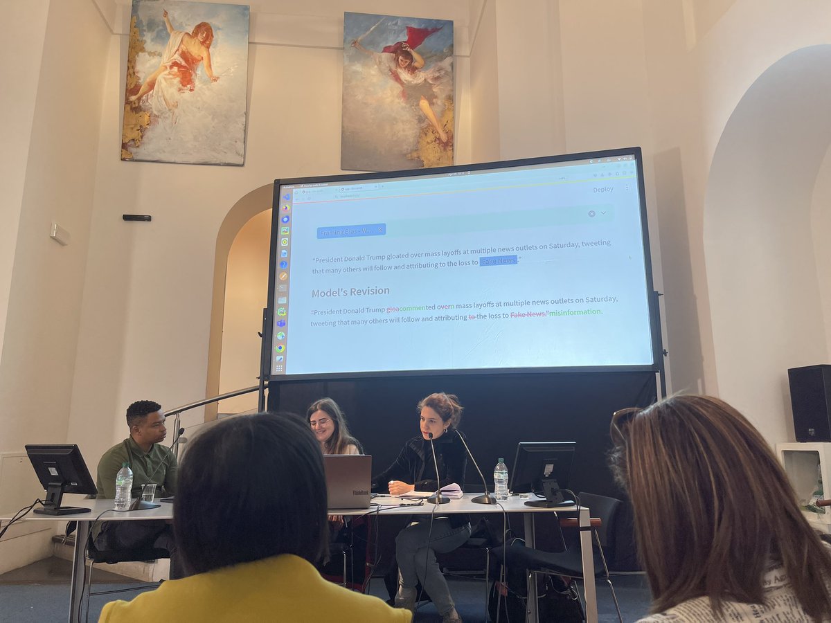 First up today at @journalismfest: Using AI to detect discrimination in Arabic and English text where @ipekbrs and @AltiokDefne are discussing the “Bias Blocker” tool they created as part of the #JournalismAI Fellowship. It aims to help newsrooms finds problematic language and…