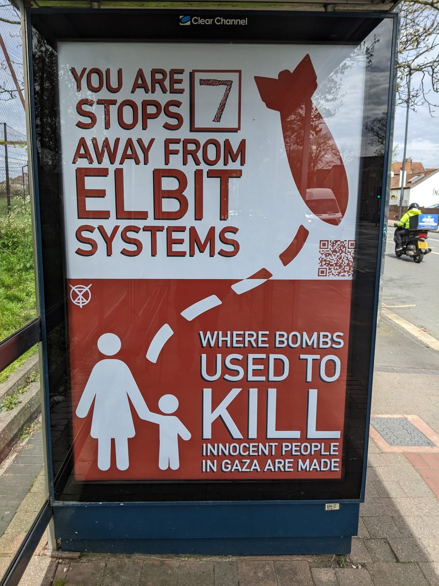New adverts at Bristol's bus stops created by @XRYouthBristol with QR codes that link people to information on the demonstration against Israel's largest defence contractor, Elbit who has two sites in Bristol: