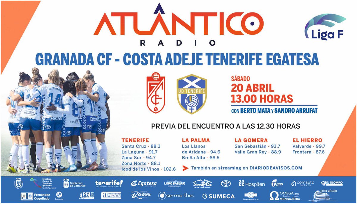 🚨¡𝗠𝗔𝗧𝗖𝗛 𝗗𝗔𝗬!🚨

⚽️ <a href="/GranadaCF_Fem/">Granada CF Femenino</a> - @UDCATenerife 

🏟️ Granada
⏰ 13:00h (12:30 en directo)
🗓️ Jornada 24, <a href="/LigaF_oficial/">Liga F</a> 

🎙️ <a href="/mata_berto/">Berto Mata</a>  
🎙️ <a href="/sandroarrufat/">Sandro Arrufat</a> 
🗣️ <a href="/Javidelgado1977/">Javi Delgado</a> 

📻<a href="/atlantico_radio/">Atlántico Radio</a> 
📲 APP y TDT
💻 diariodeavisos.com 
📩 651 37 37 37
