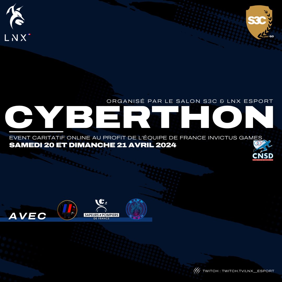 PompiersFR's tweet photo. #Esport | Coup d’envoi ce samedi à 11h du #Cyberthon organisé par le salon S3C, au profit de l’équipe militaire handisport « Invictus Games France ». 
Rendez-vous sur la chaîne twitch @lnx_esport
➡️ https://t.co/ggjdMDrFxg https://t.co/ob2O40BmYB