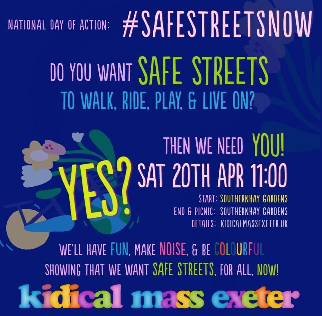 Gorgeous sunshine & blue sky in Exeter.

Come & join a friendly bike ride asking for #SafeStreetsNow

11AM Southernhay 

#KidicalMassExeter