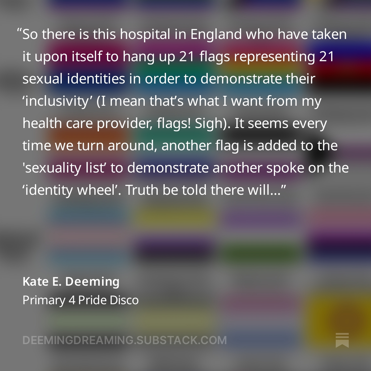 Teaching identities to kids in nursery, primary, secondary - is inherently limiting. It doesn’t free them, it hems them in. There are not enough flags in world to represent complexity of each human.  It is damaging & anti-child to let this into schools. #DefundLGBTYS