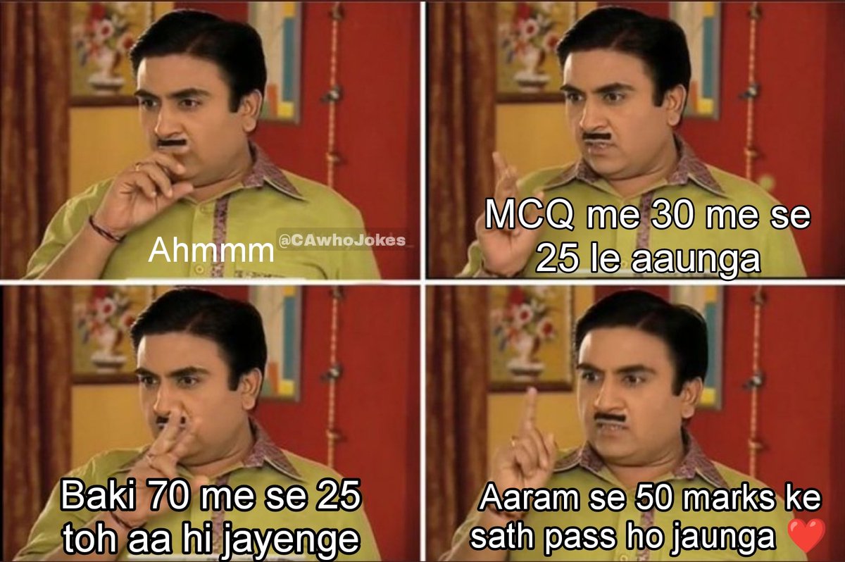 CAwhoJokes's tweet photo. Pass hone ki mast scheme mil gayi❤️🔥
#CAwhoJokes #CAComedy #ICAI #icaiexams #caexams #icaiexam https://t.co/eqlOT5PZ2r