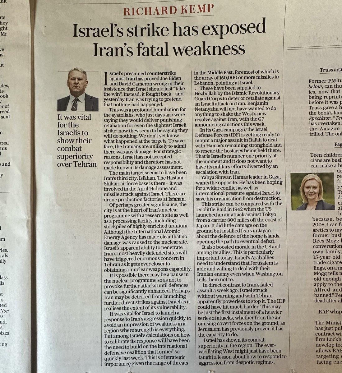 Israel’s presumed counterstrike against Iran has proved Joe Biden and David Cameron wrong in their insistence that Israel should just “take the win”. Instead, it fought back – and yesterday Iran was trying to pretend that nothing had happened. My article in today’s Telegraph.